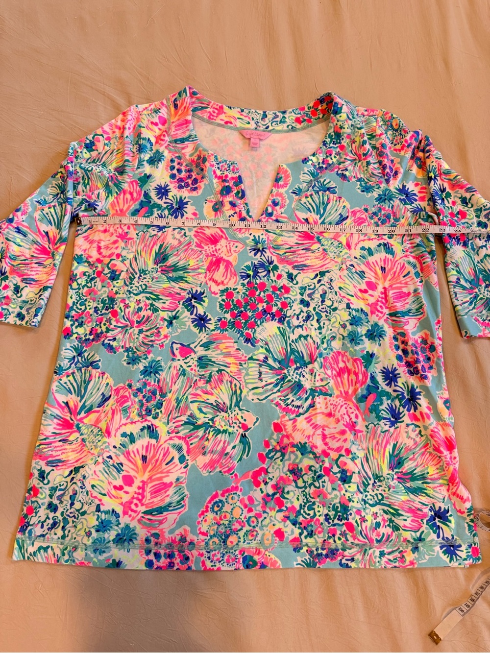 Lilly Pulitzer Aqua Floral Shift Dress with Pink and Blue Accents - Picture 9 of 12